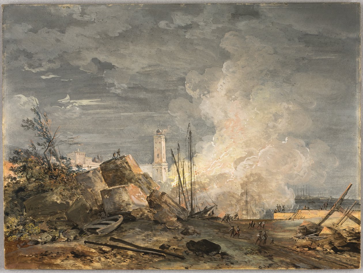 Brand in de haven door Louis Gabriel Moreau