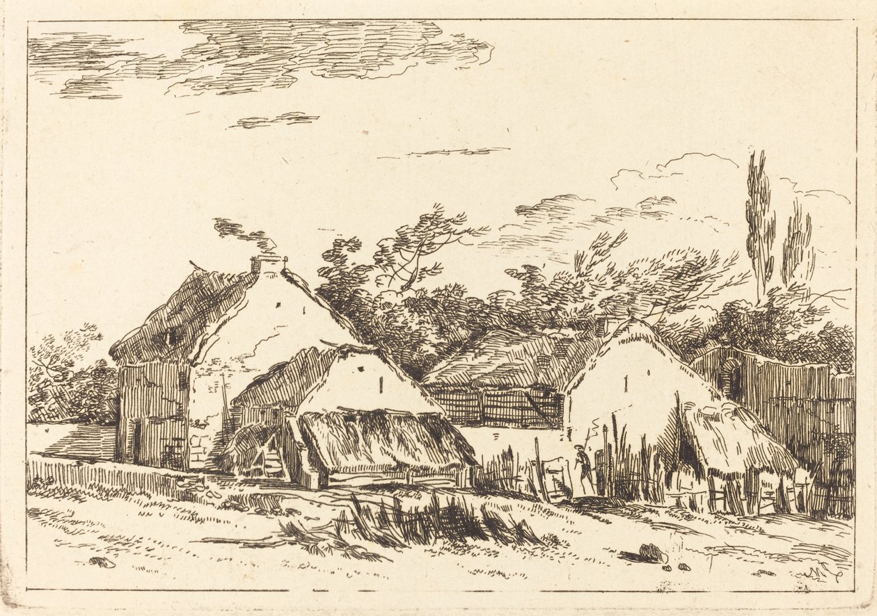 Twee schuren door Louis Gabriel Moreau the Elder