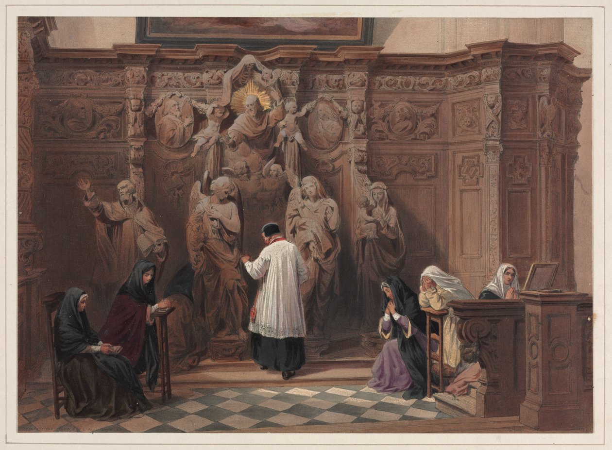 Biechtstoel, Kerk van St. Paul, Antwerpen, 1838 door Louis Haghe