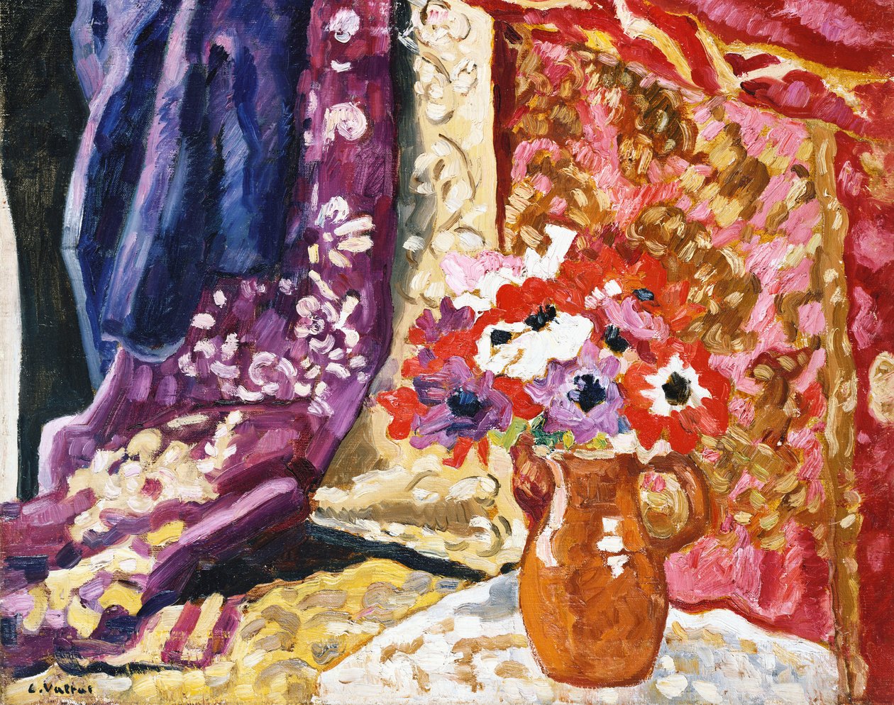 Anemonen met gordijnen door Louis Valtat