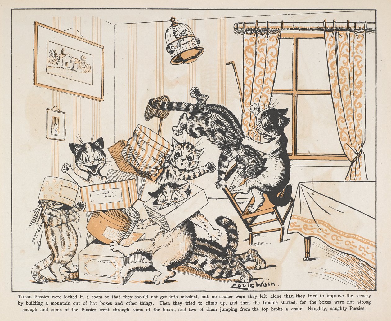 Katten spelen met dozen in een kamer door Louis Wain