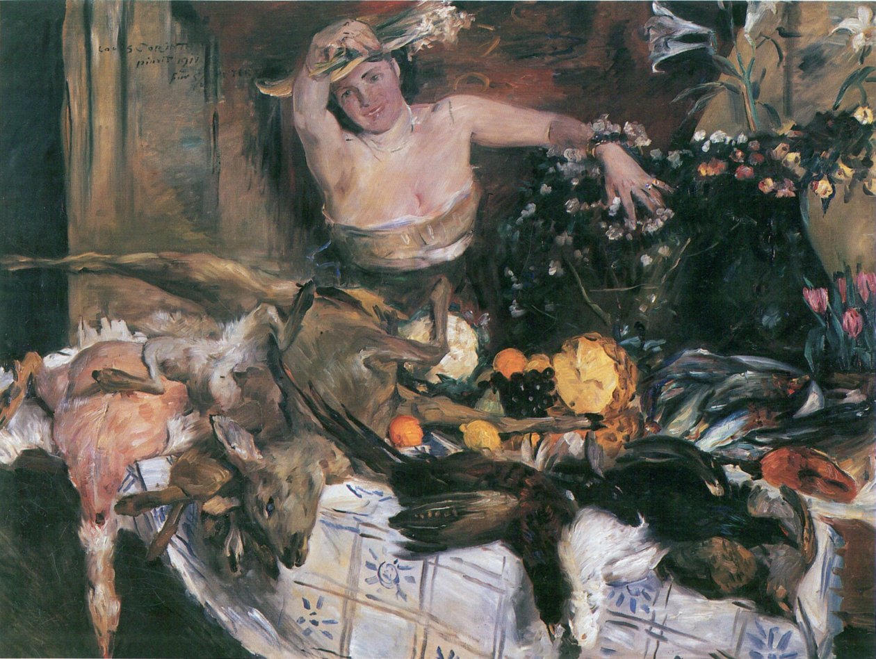 Groot stilleven met figuur verjaardagsbeeld door Lovis Corinth
