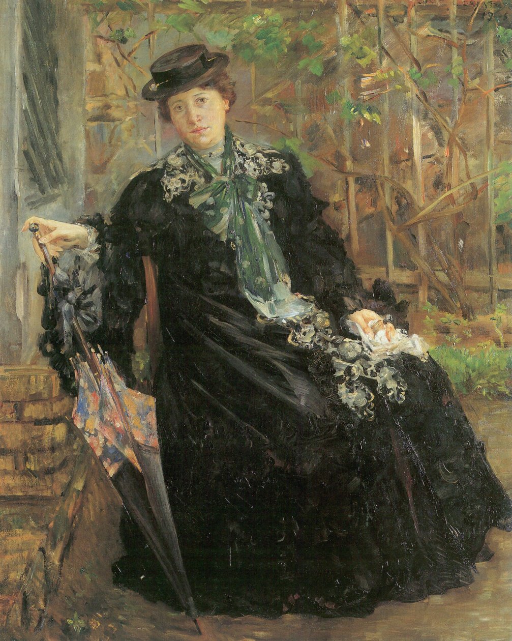 Portret in zwarte mantel door Lovis Corinth