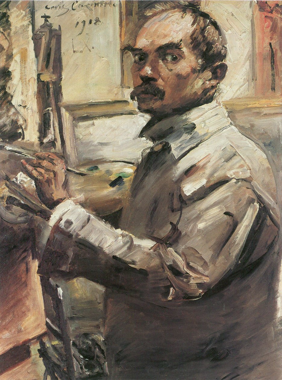 Zelfportret in witte jas door Lovis Corinth