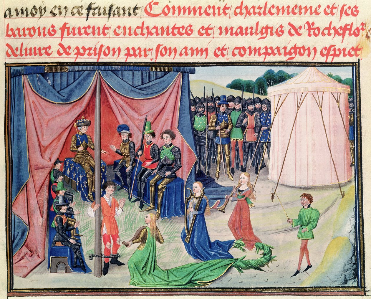 Ms 5072 f.233v Karel de Grote en zijn baronnen worden betoverd, uit de Renaud de Montauban cyclus door Loyset Liedet