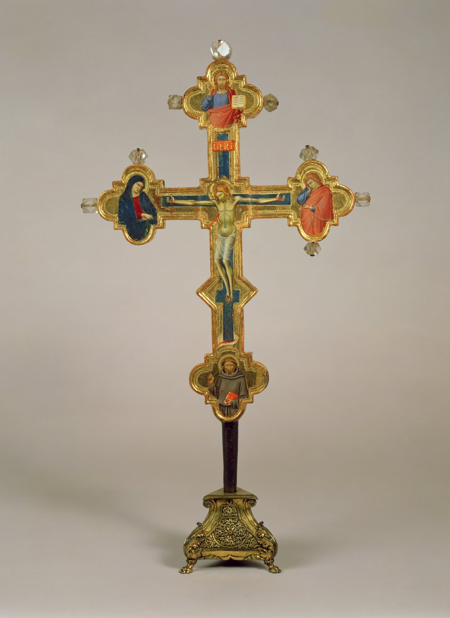 Draagbaar Kruis, versierd met scènes van De Gekruisigde Christus met de Maagd, St. Johannes de Evangelist en St. Franciscus (voorzijde) door Luca di Tommè