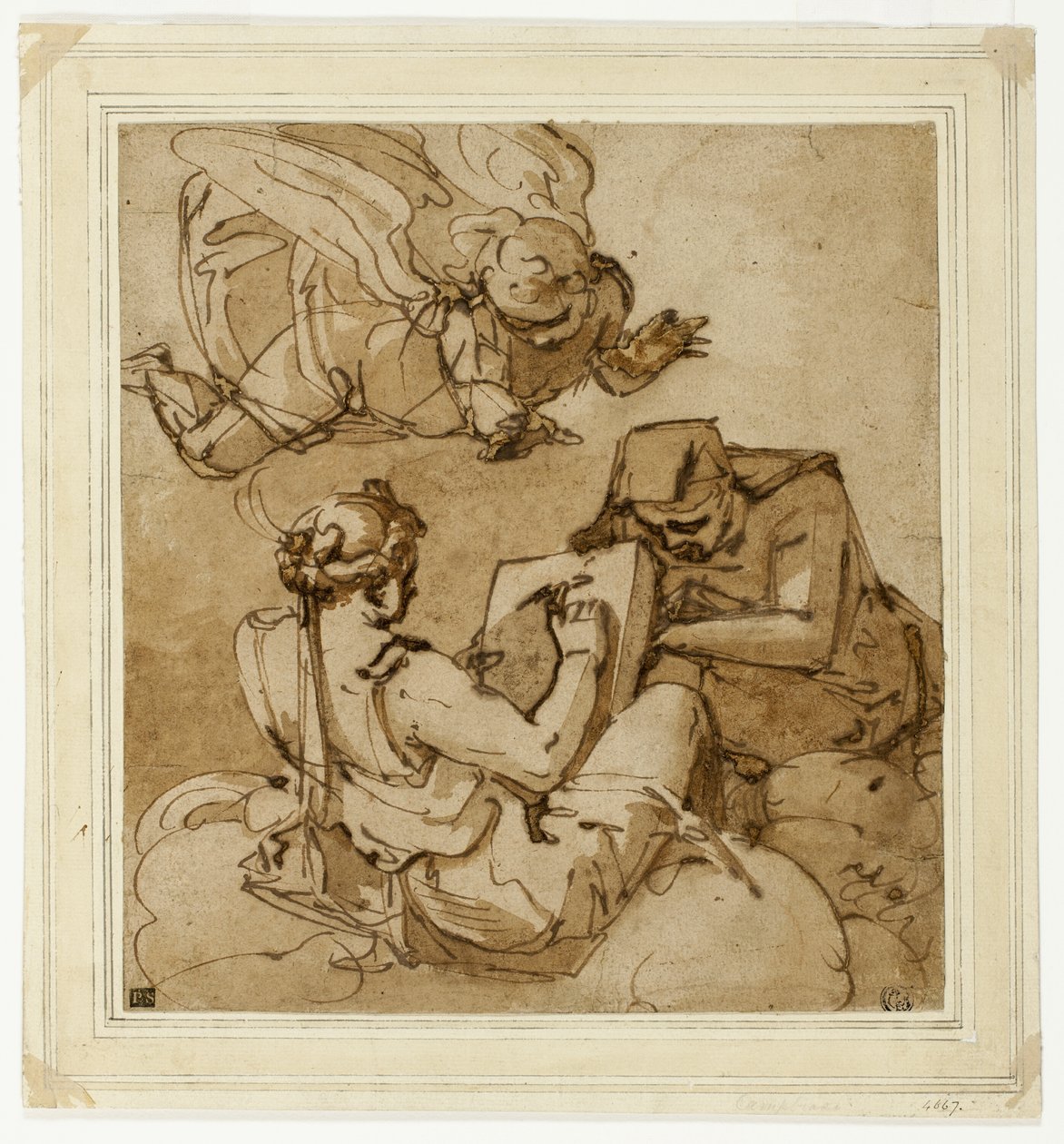 Allegorisch onderwerp (Engel boven twee sibillen) door Luca Cambiaso