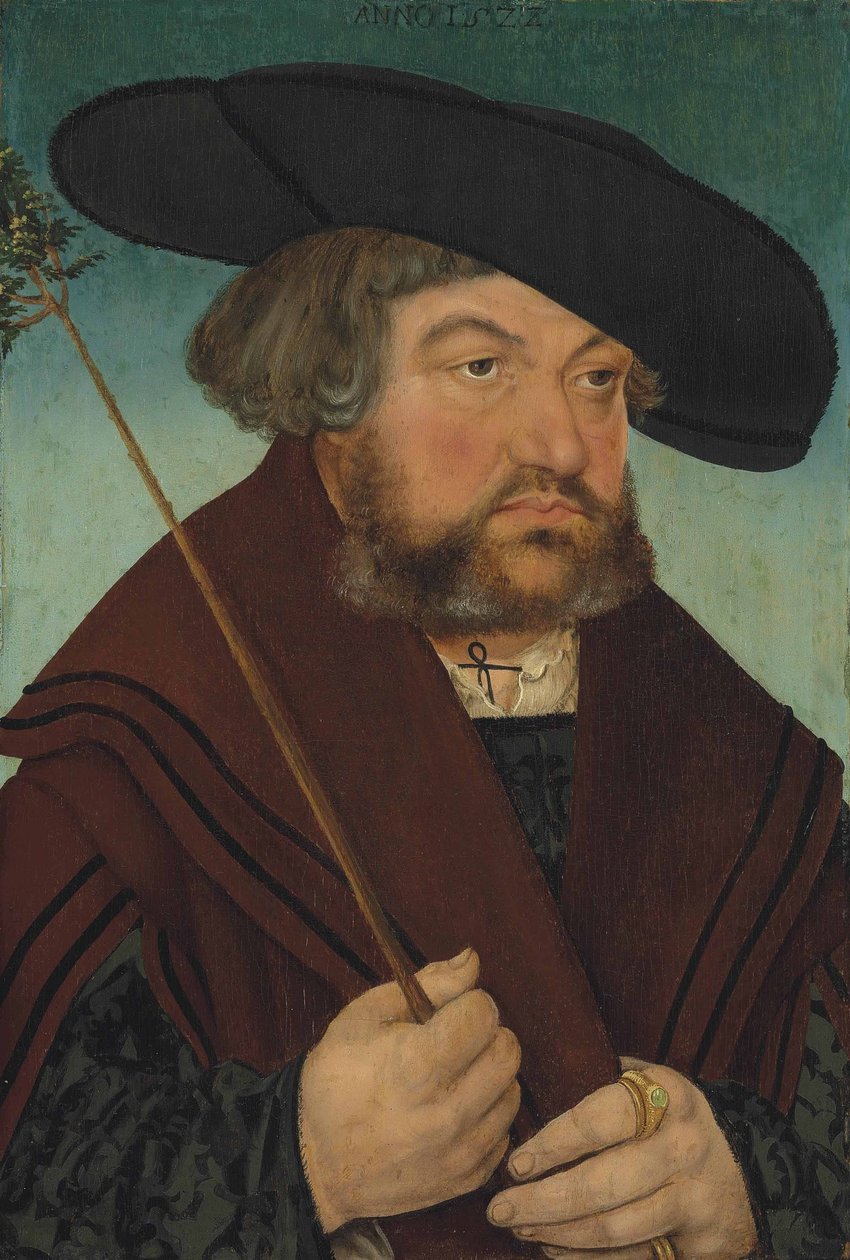 Portret van een man in zwart wambuis en bruine mantel, een tak houdend door Lucas Cranach the Elder