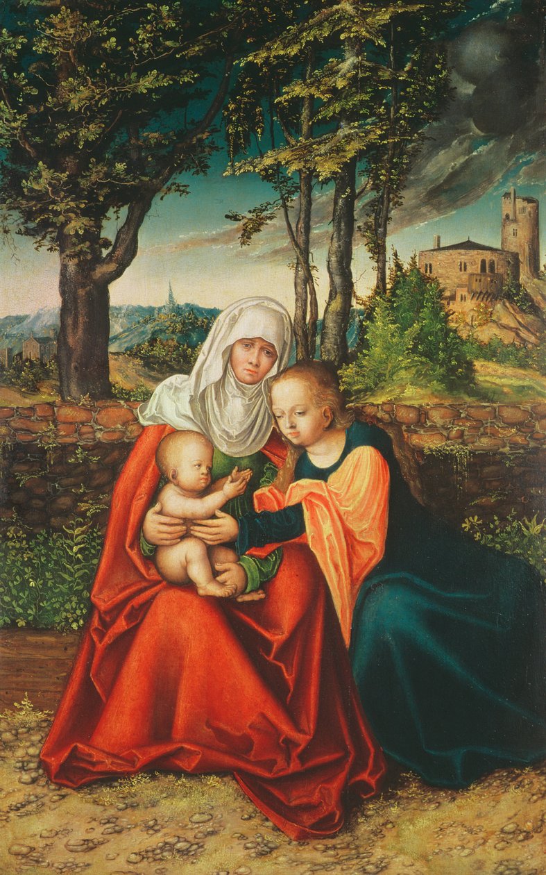 De Maagd Maria met Sint Anna die het kind Jezus vasthoudt door Lucas Cranach the Elder