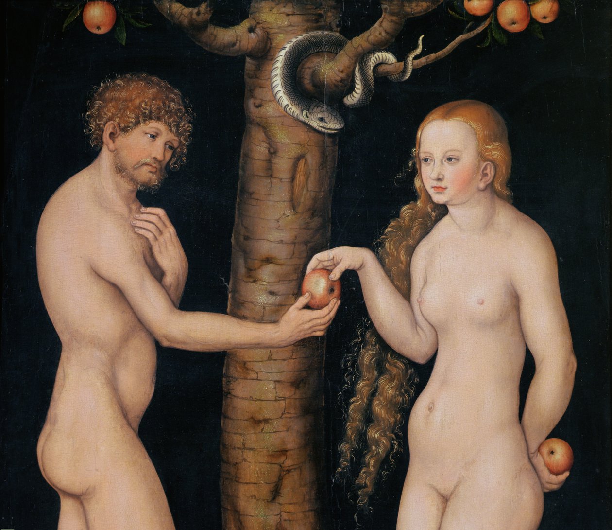 Eva biedt Adam de appel aan in de Hof van Eden, c.1520-25 (detail) door Lucas Cranach the Elder