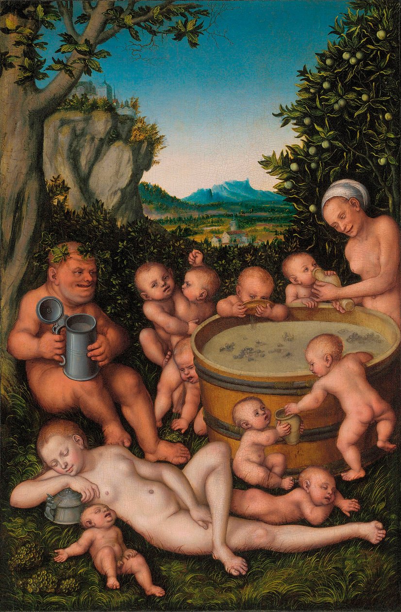 Bacchus in het wijnvat door Lucas Cranach the Elder