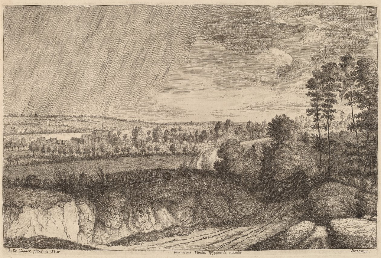 Regenachtig landschap door Lucas Emil Vosterman, after Lodewijk de Vadder