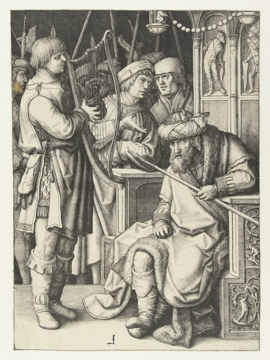 David speelt harp voor Saul door Lucas van Leyden