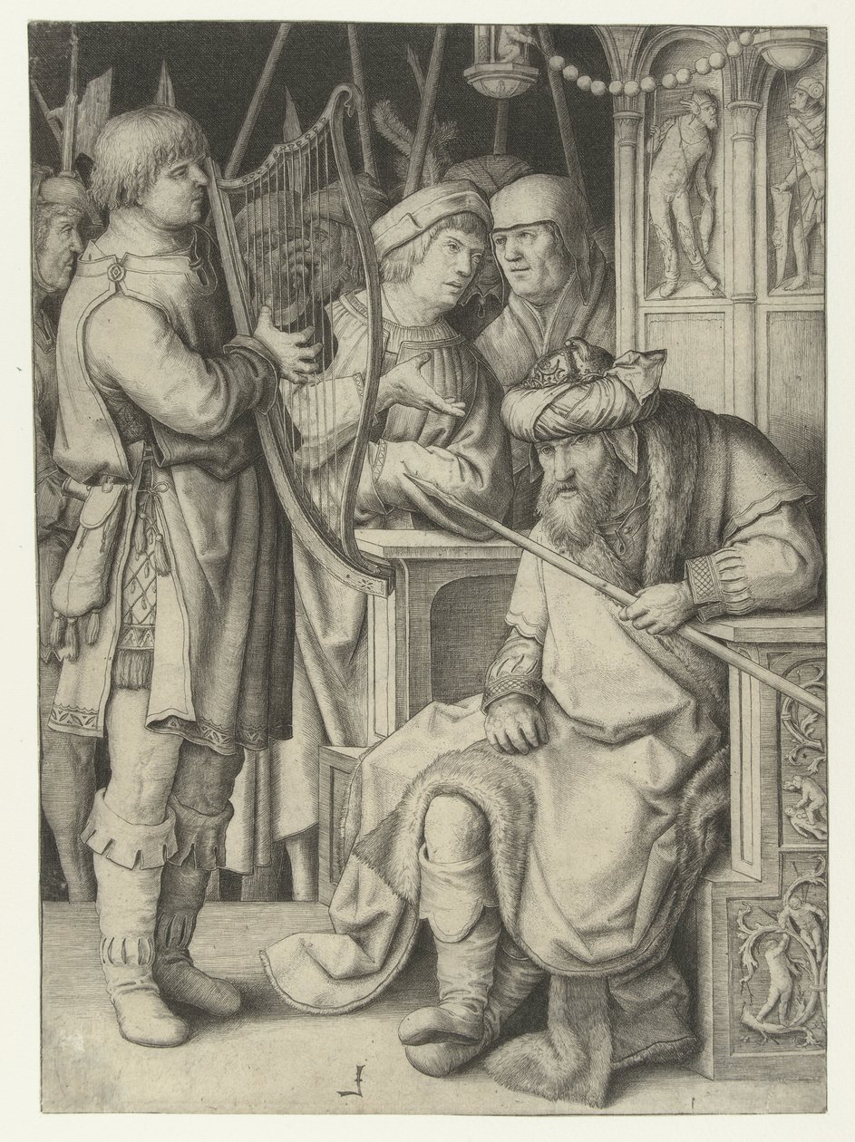 David speelt harp voor Saul door Lucas van Leyden
