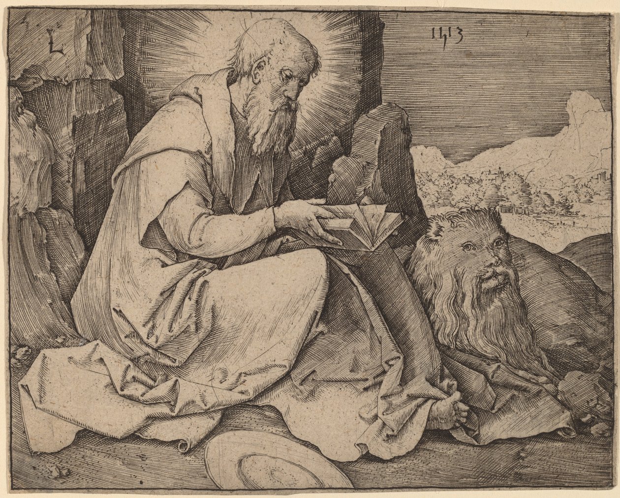 Sint Hiëronymus in een landschap door Lucas van Leyden