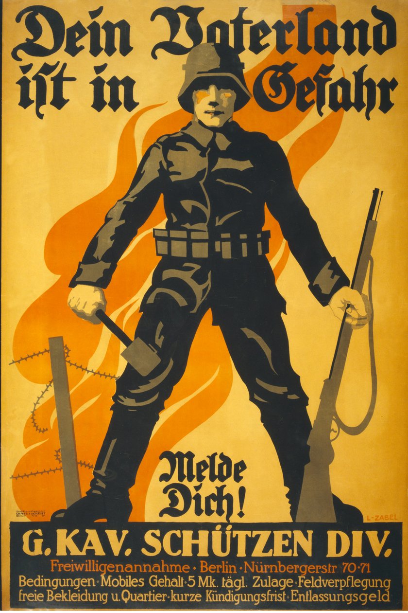 Je vaderland is in gevaar, meld je!, uitgegeven 1918 door Lucian Zabel