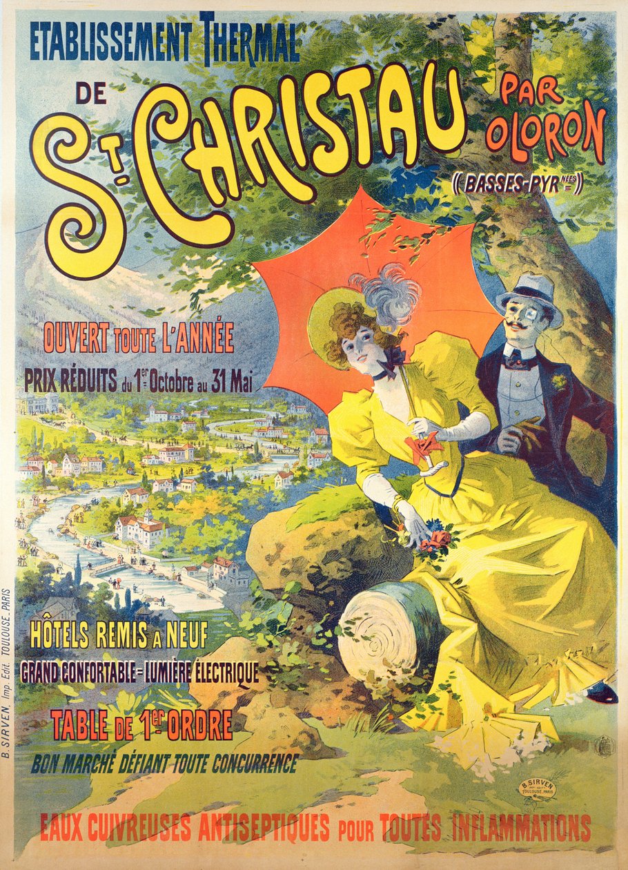 Poster die het hotel van St Christau par Oloron adverteert, gedrukt door B. Sirven, Toulouse-Paris, c.1900 door Lucien Baylac