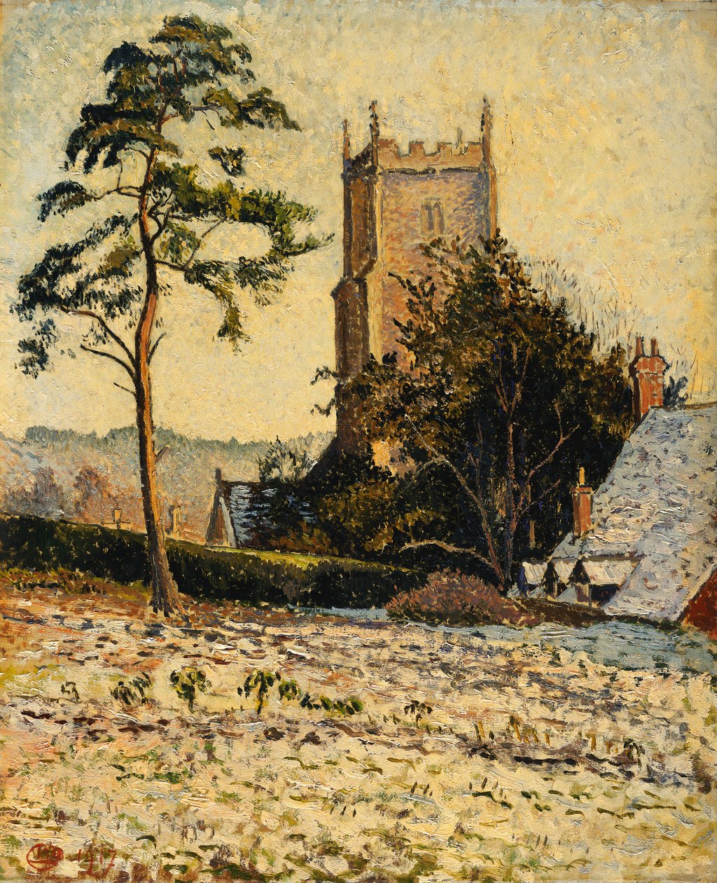 De kerk in East Knoyle, dooi door Lucien Pissarro
