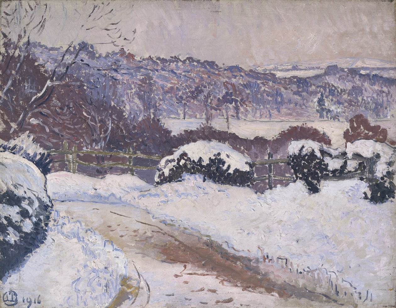 De Dorking Road, Coldharbour, in de sneeuw door Lucien Pissarro