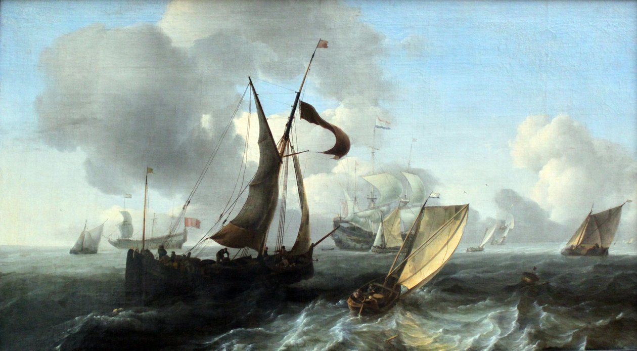 Licht bewogen zee met schepen door Ludolf Bakhuizen