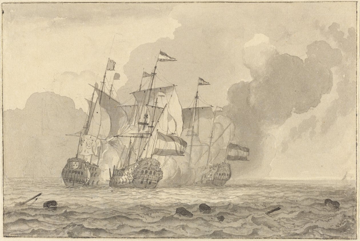 Een strijd op zee door Ludolf Backhuyzen