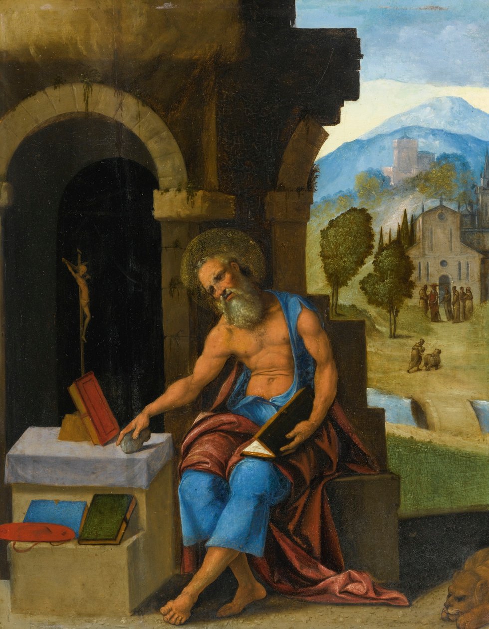 Hiëronymus in contemplatie door Ludovico Mazzolino