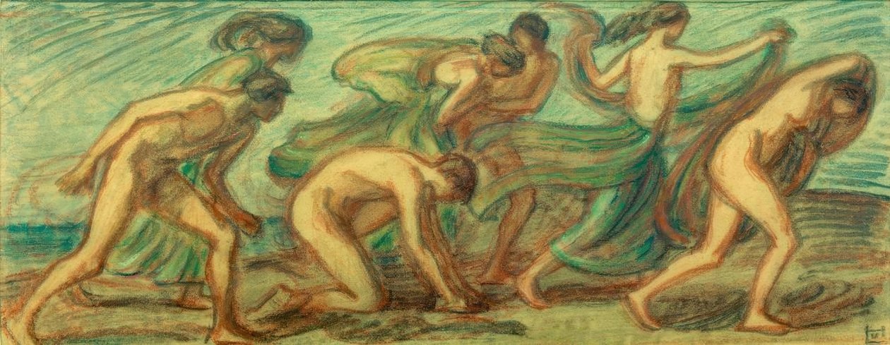 Zeven lopende met doeken door Ludwig von Hofmann