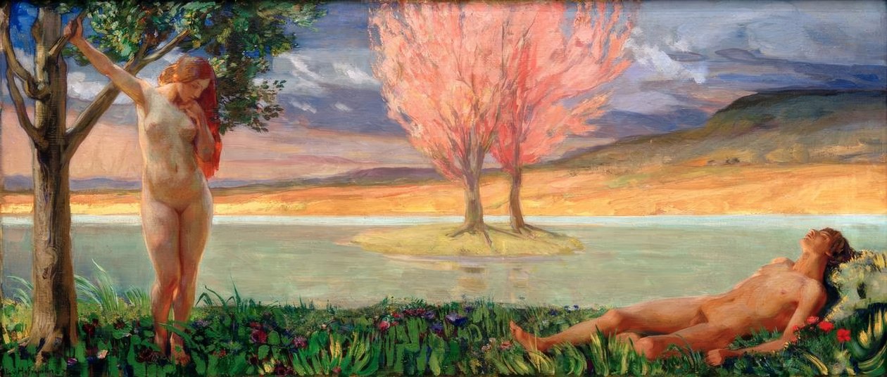 Adam en Eva in paradijselijk landschap door Ludwig von Hofmann