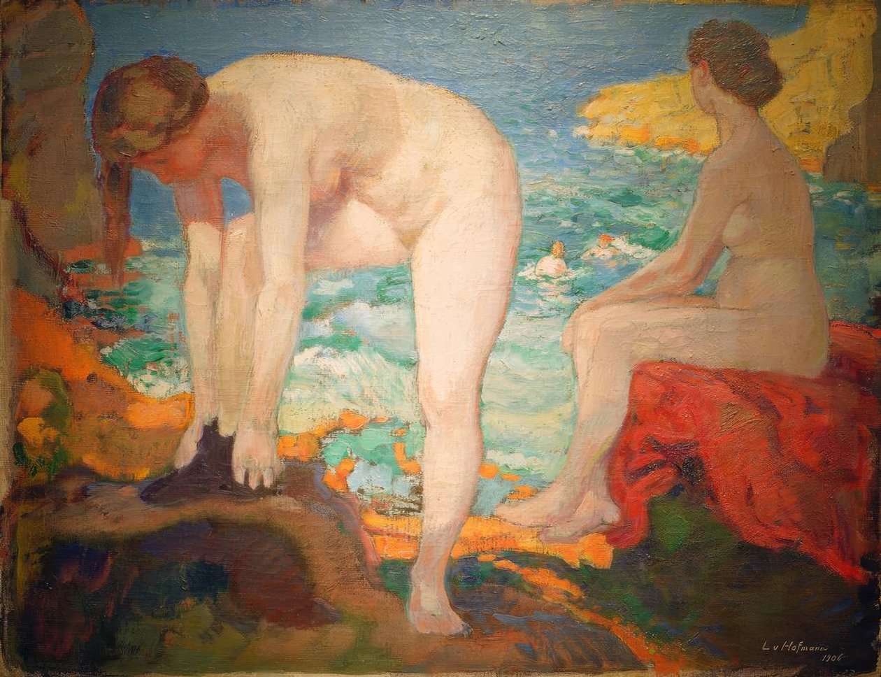 L. v. Hofmann, Badende aan zee. door Ludwig von Hofmann