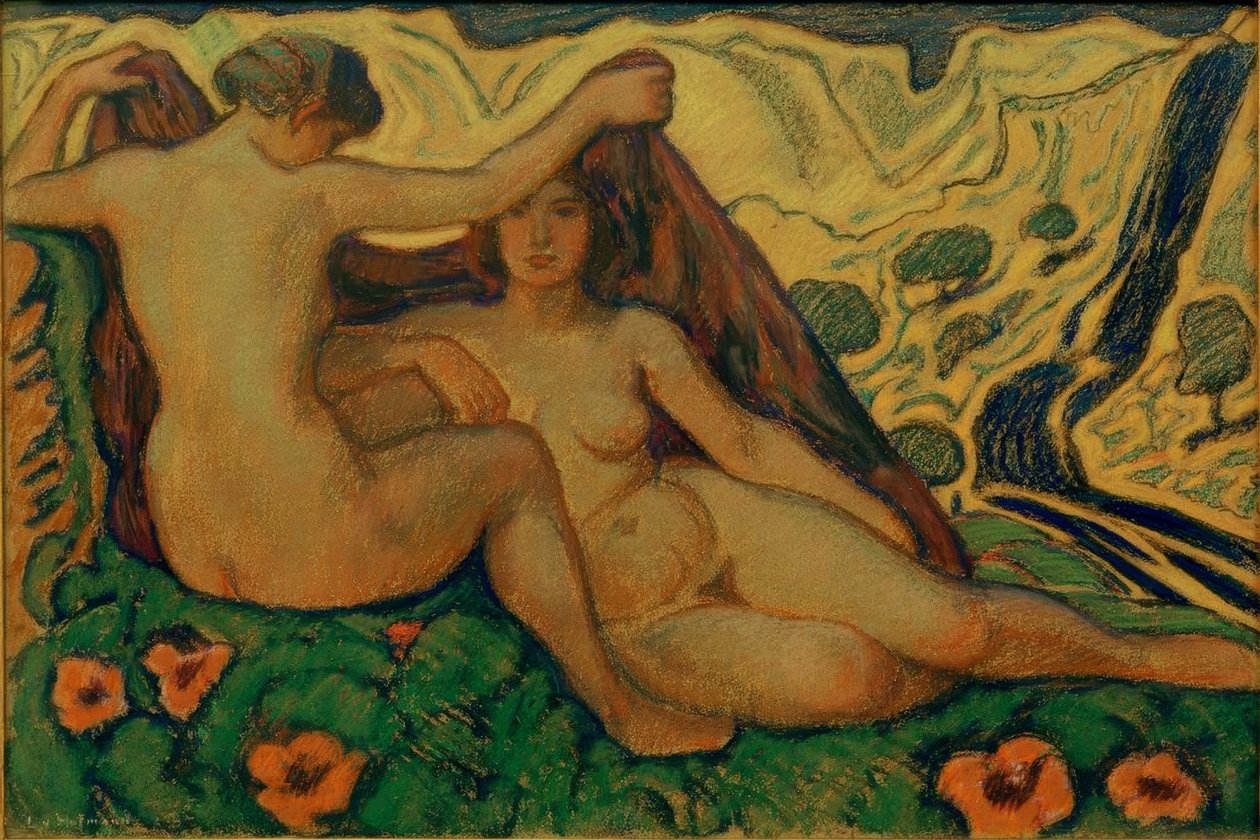 Twee naakten in Italiaans landschap door Ludwig von Hofmann