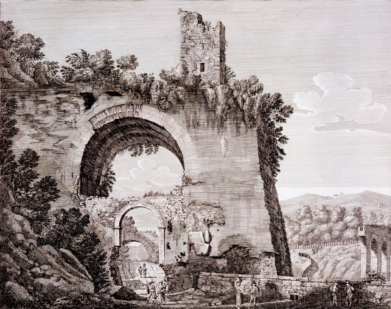 Restanten van het aquaduct gebouwd door Claudius, dat water naar het oude Rome bracht vanuit de Anio, nabij Tivoli, c.1824-26 door Luigi Rossini