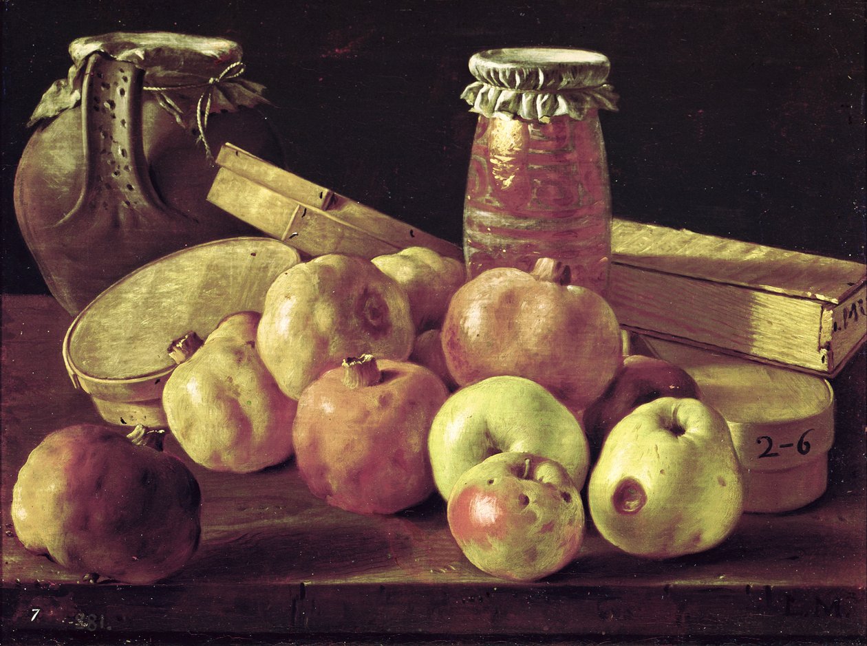 Stilleven met Granaatappels, Appels, een Pot Jam en een Stenen Pot door Luis Egidio Melendez