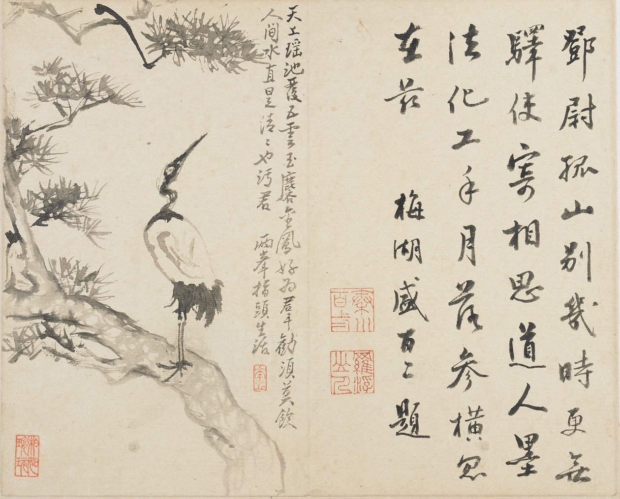 Landschappen, Bloemen en Vogels: Kraanvogel op den, Qing-dynastie, 1780 (inkt op papier) door Luo Ping