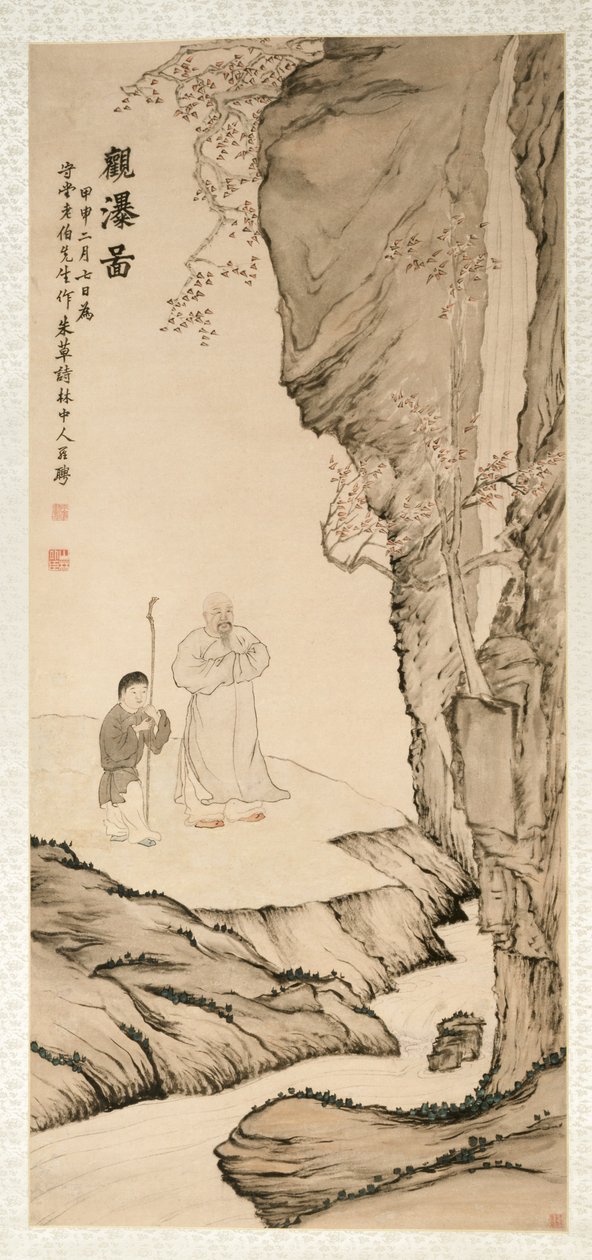 Geleerde die naar de waterval kijkt, 1764 door Luo Ping