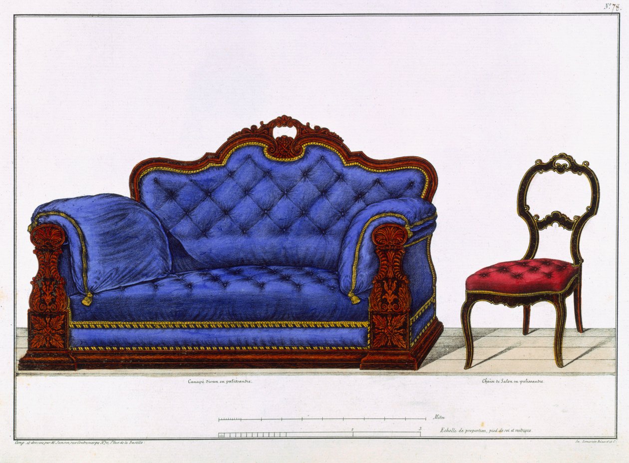 Franse bank en stoel uit Modeles de Meubles et de decorations interieures pour les meubles, Parijs, Santi, M, 1828 door M. Santi