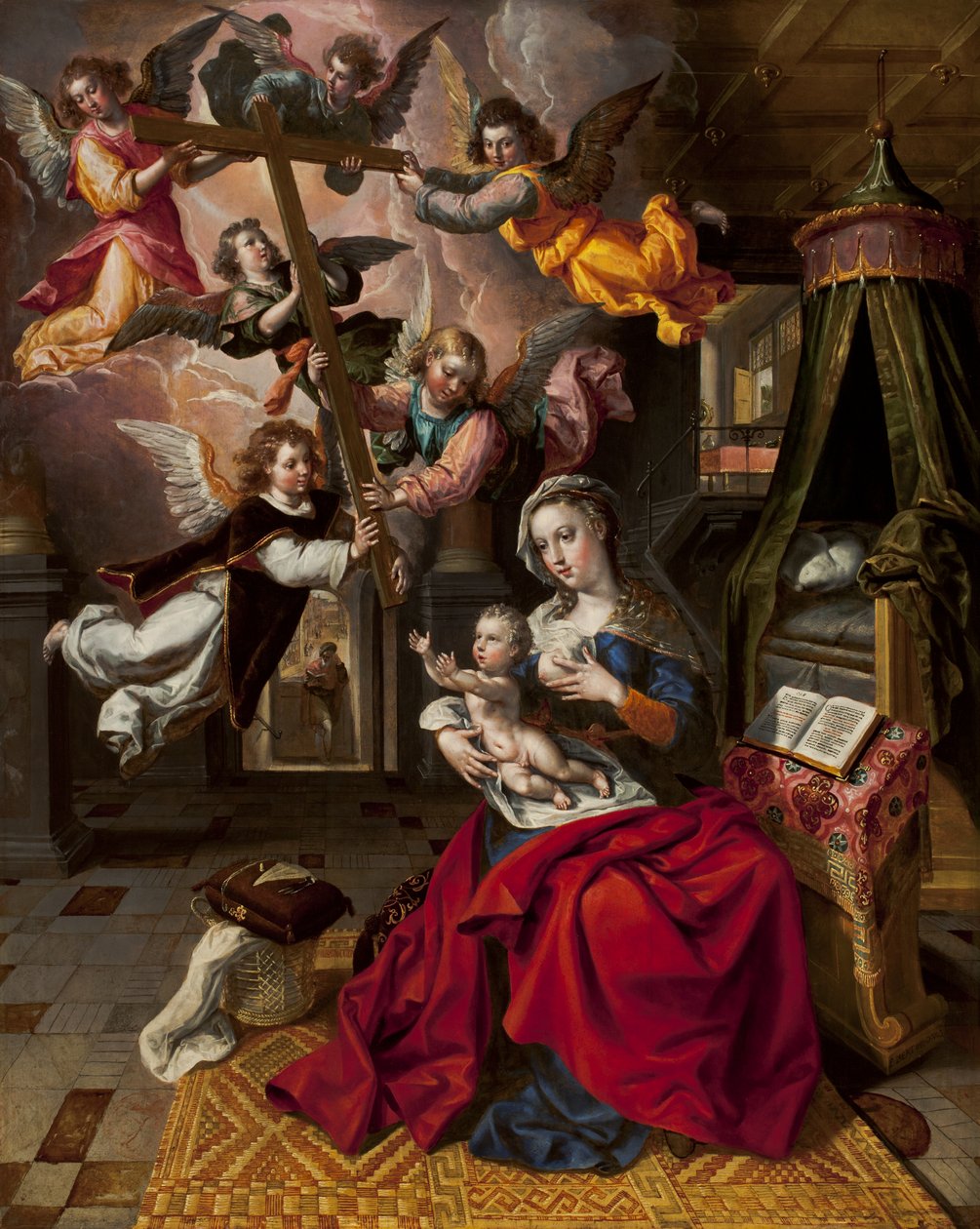 Maagd met het Christuskind die het kruis verwelkomt door Maarten de Vos