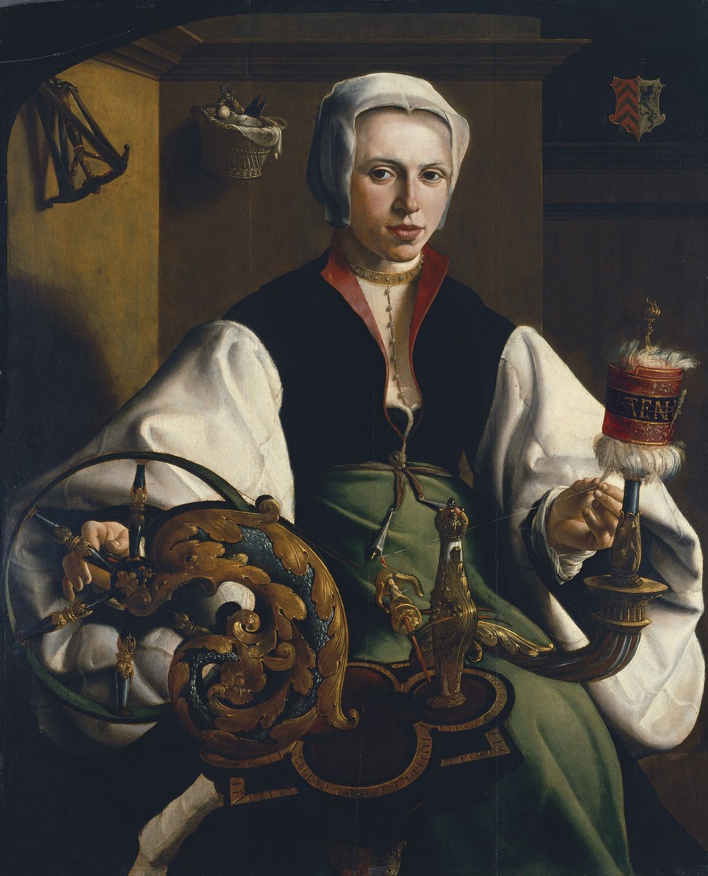 Portret van een dame die spint door Maarten van Heemskerck
