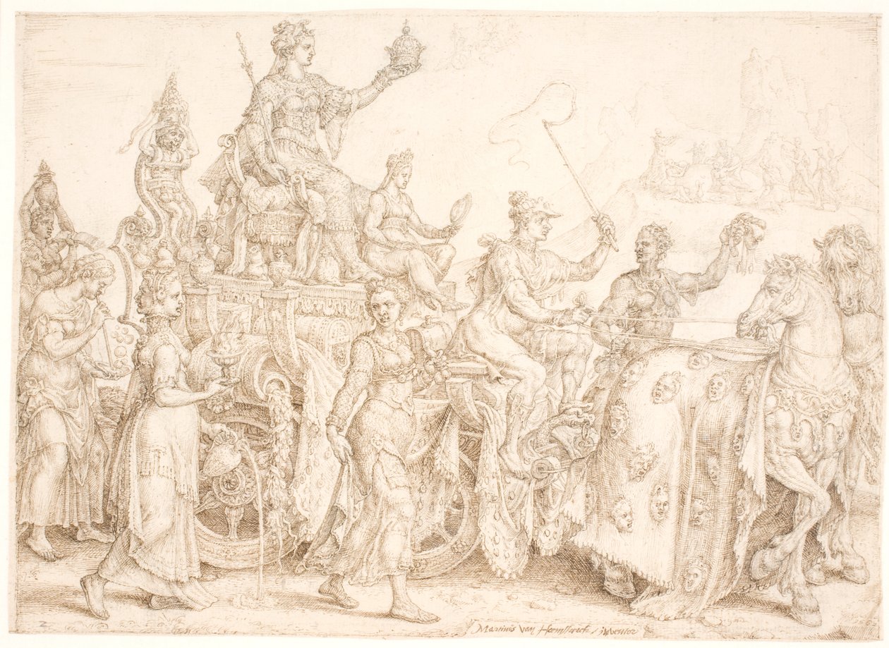 Triomfwagen. Opulentia (rijkdom) door Maarten van Heemskerck