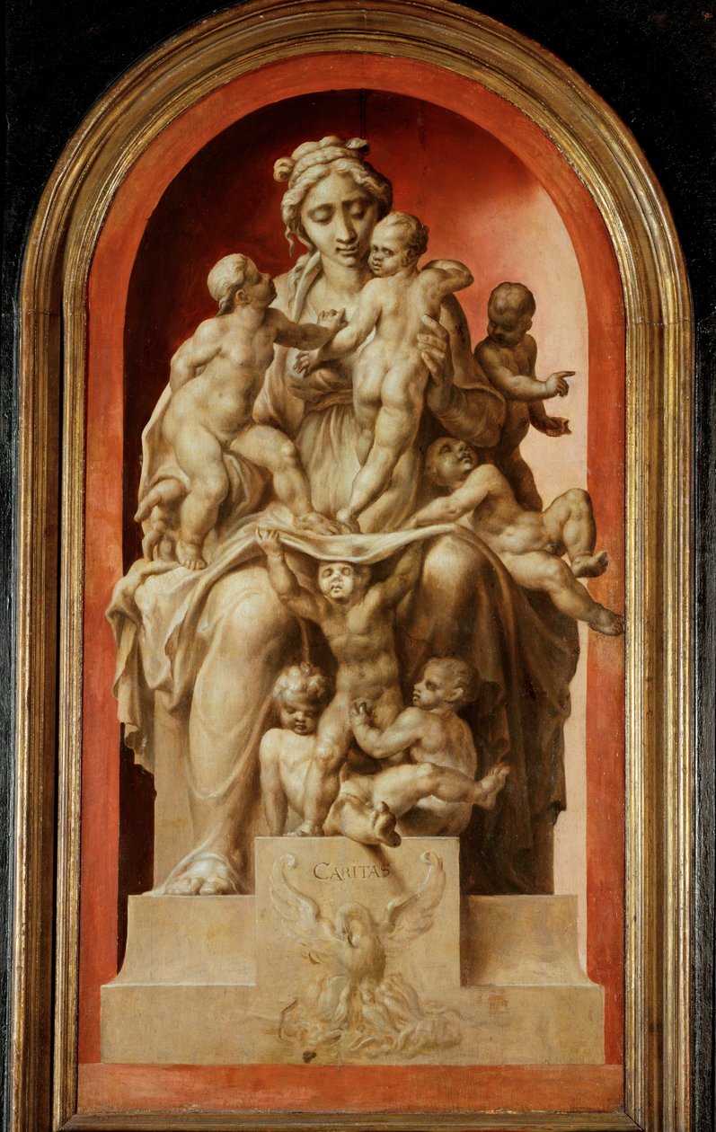 Caritas. Grisaille, eiken ... door Maerten van Heemskerck