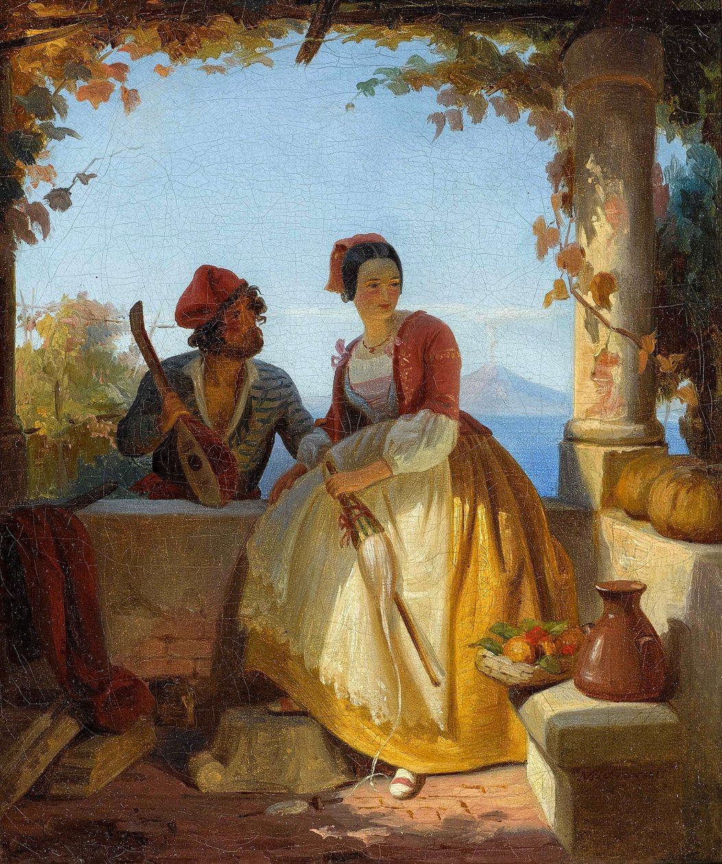 Liefdespaar in Sorrento, op de achtergrond de Vesuvius door Maksymilian Antoni Piotrowski
