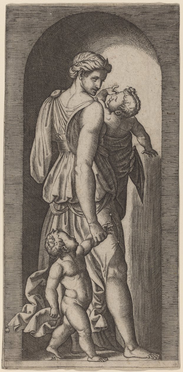 Liefdadigheid door Marcantonio Raimondi after Raphael