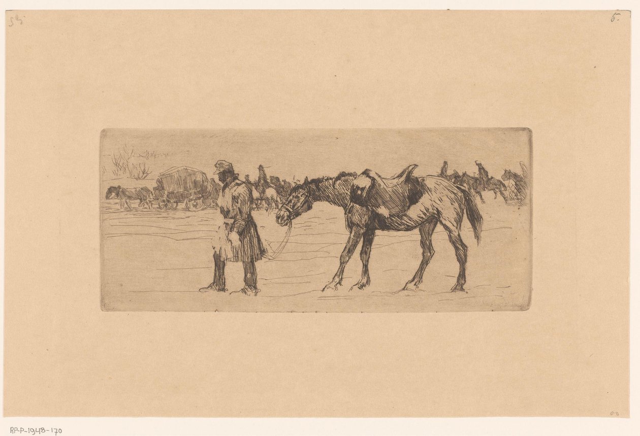 Sneeuwlandschap met stoet van soldaten en paarden door Marcel Roux