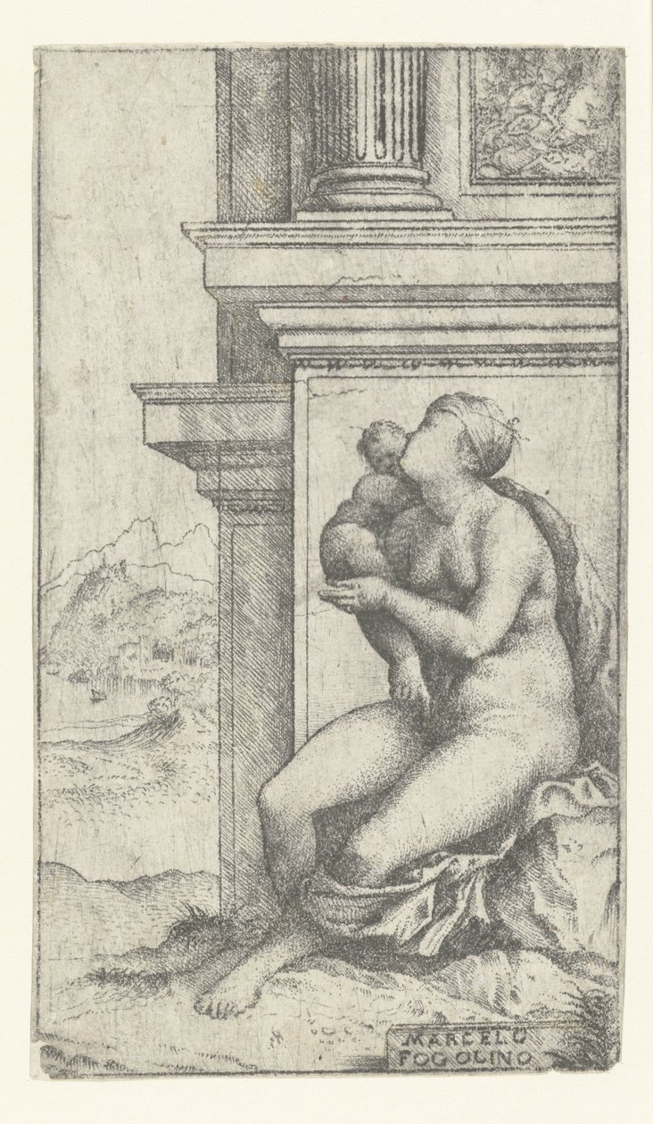 Vrouw met kind zit bij klassiek gebouw door Marcello Fogolino