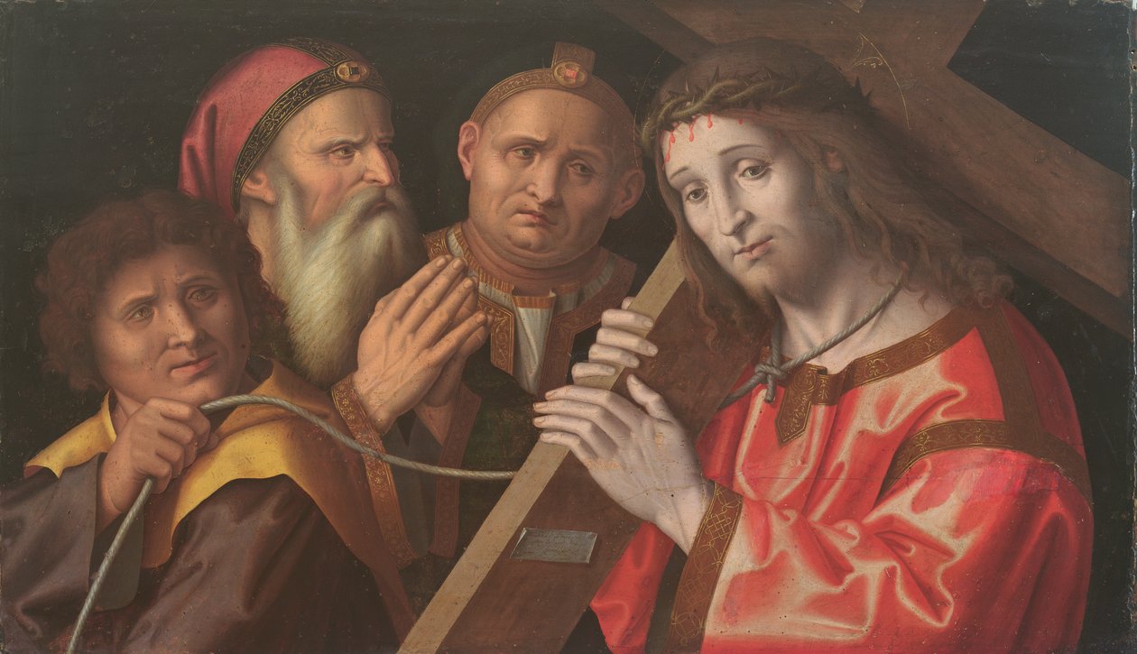 Christus die het kruis draagt en twee heiligen door Marco Palmezzano