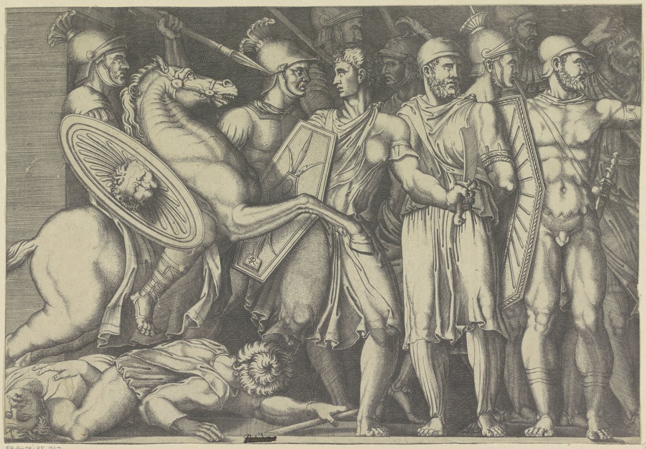 Trajanus vechtend met Daciërs door Marco Dente (attributed to)