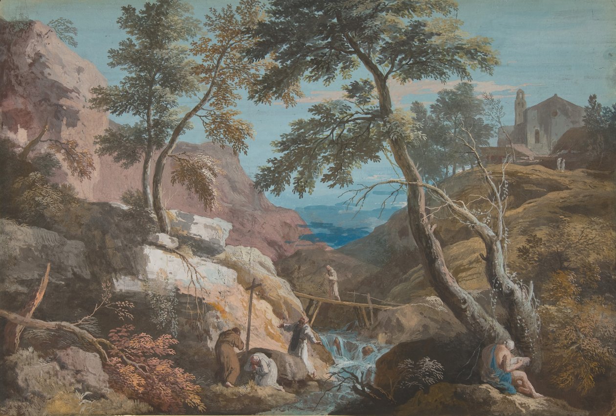 Bergachtig landschap met kluizenaars, ca. 1700-1730 door Marco Ricci