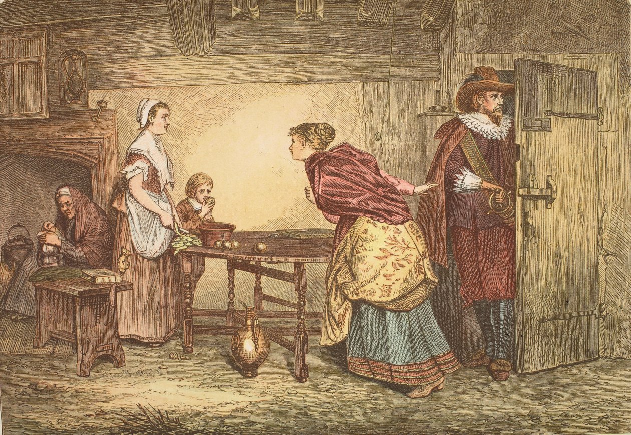 Royalisten zoeken toevlucht in het huis van een puritein, gegraveerd door J.D. Cooper door Marcus Stone