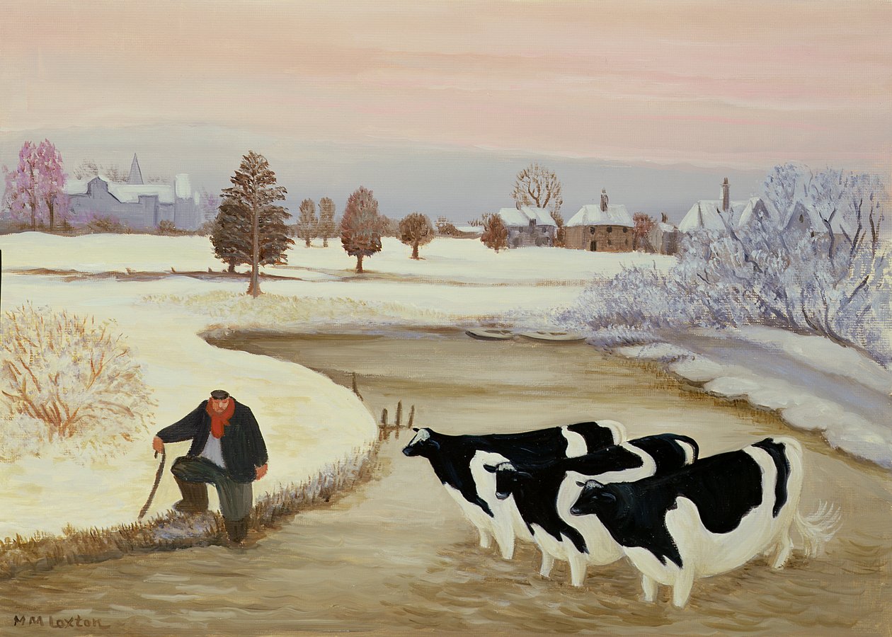 Koeien in een winterrivier door Margaret Loxton