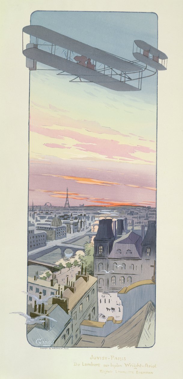 Graaf Charles de Lambert vliegt met een Wright-Ariel tweedekker, Juvisy, Parijs, uitgegeven door Mabileau, Parijs, 1914 (pochoir afdruk) door Marguerite Montaut