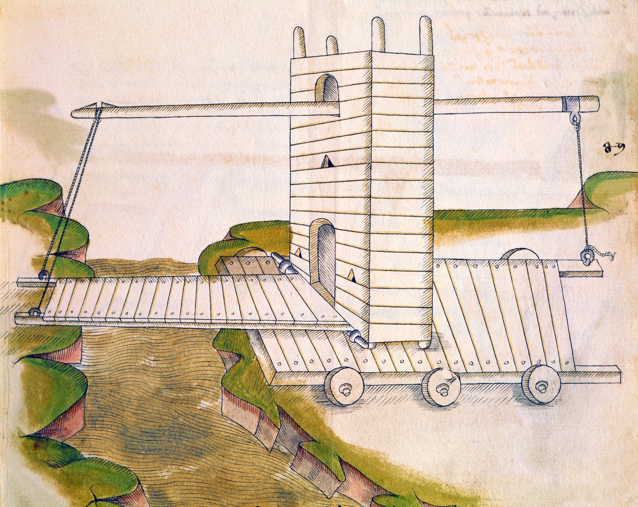 Ontwerp voor een machine met ophaalbrug op wielen voor gebruik in oorlog of belegeringen, illustratie uit De Machinis door Mariano di Jacopo 1382 c.1453 after Mariano di Jacopo 1382 c.1453 after